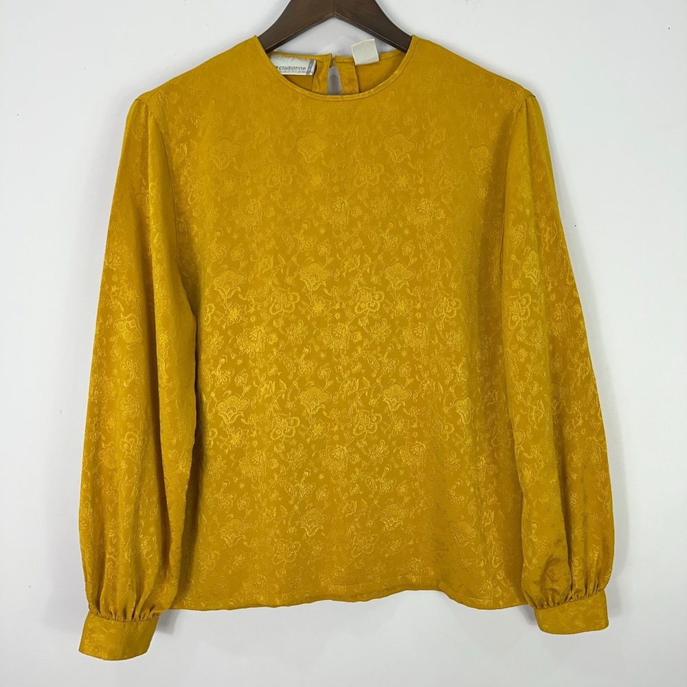 Liz Claiborne Collection Blouse 10P‎ Mustard Yellow Jacquard Vintage Retro Mod